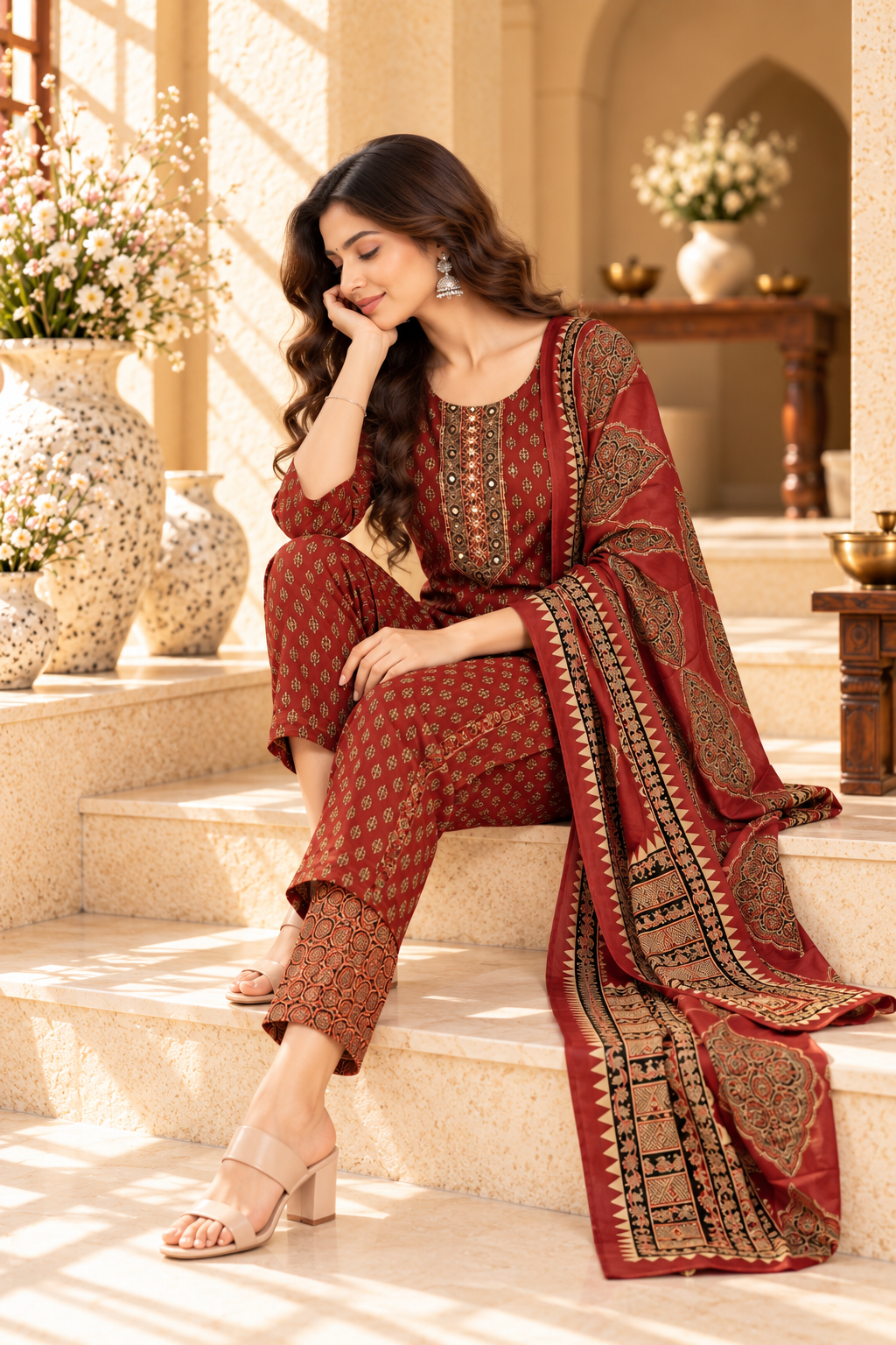 Maroon Printed Rayon Kurta Set