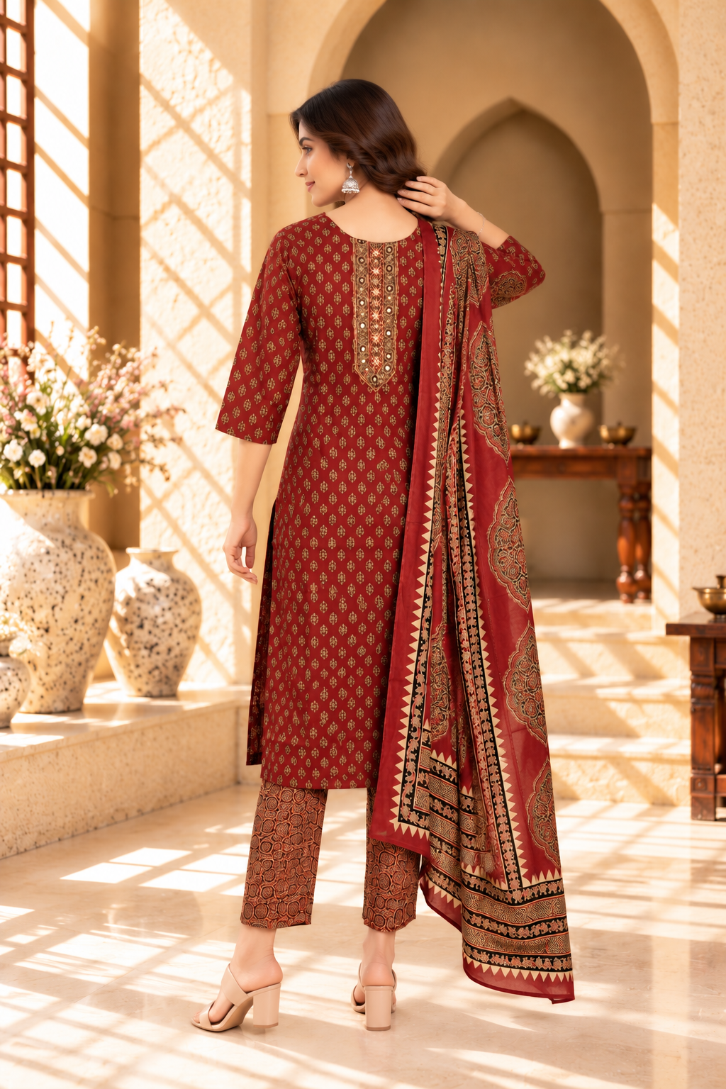Maroon Printed Rayon Kurta Set