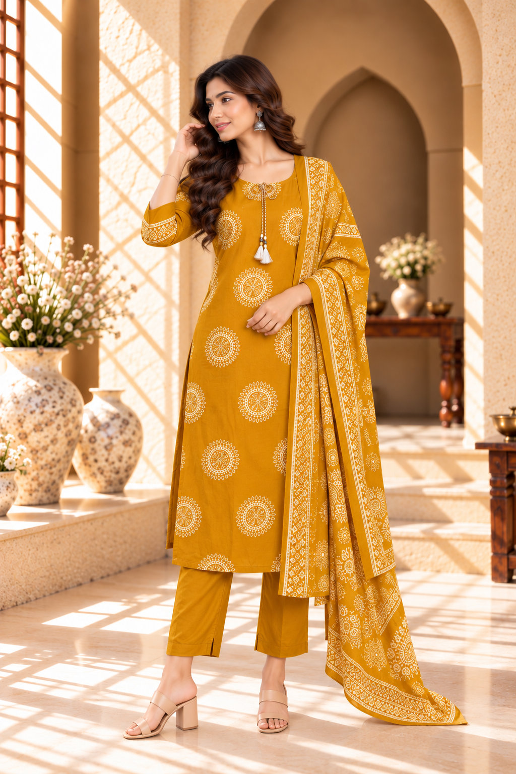 Mustard Yellow Floral Printed Rayon Kurta Set
