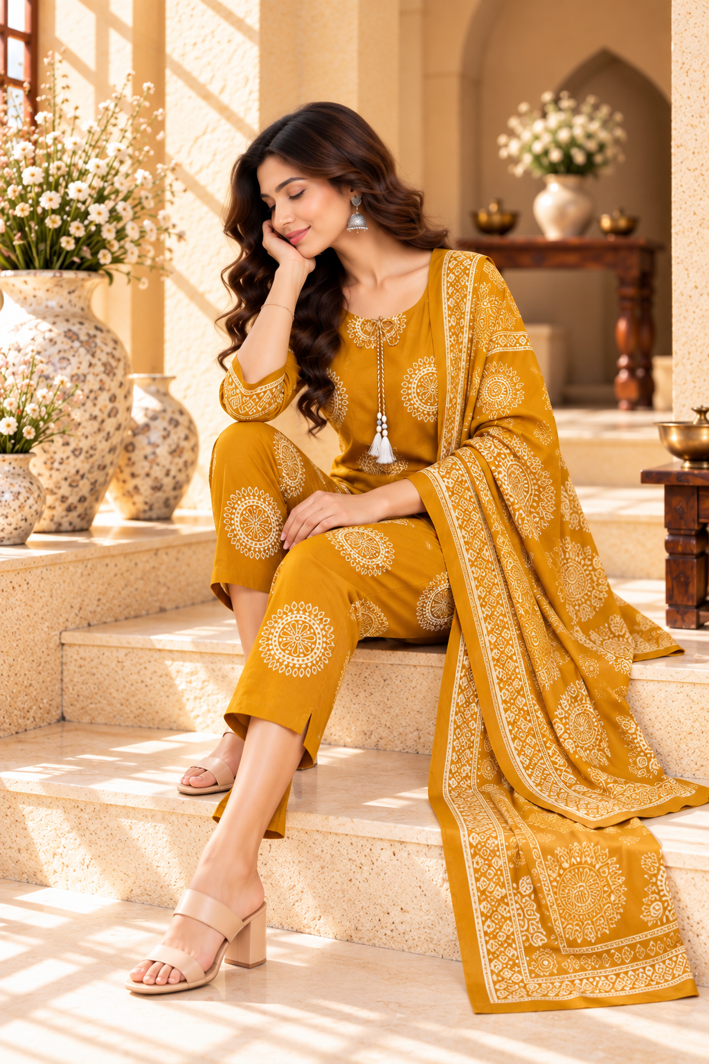 Mustard Yellow Floral Printed Rayon Kurta Set