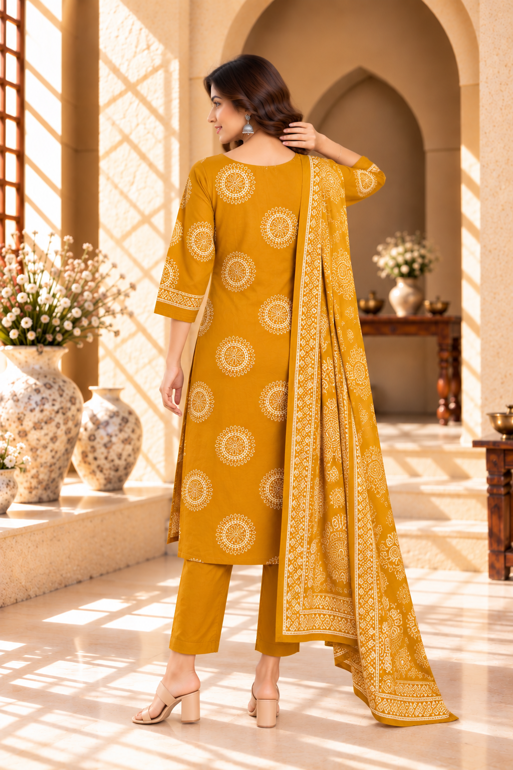 Mustard Yellow Floral Printed Rayon Kurta Set