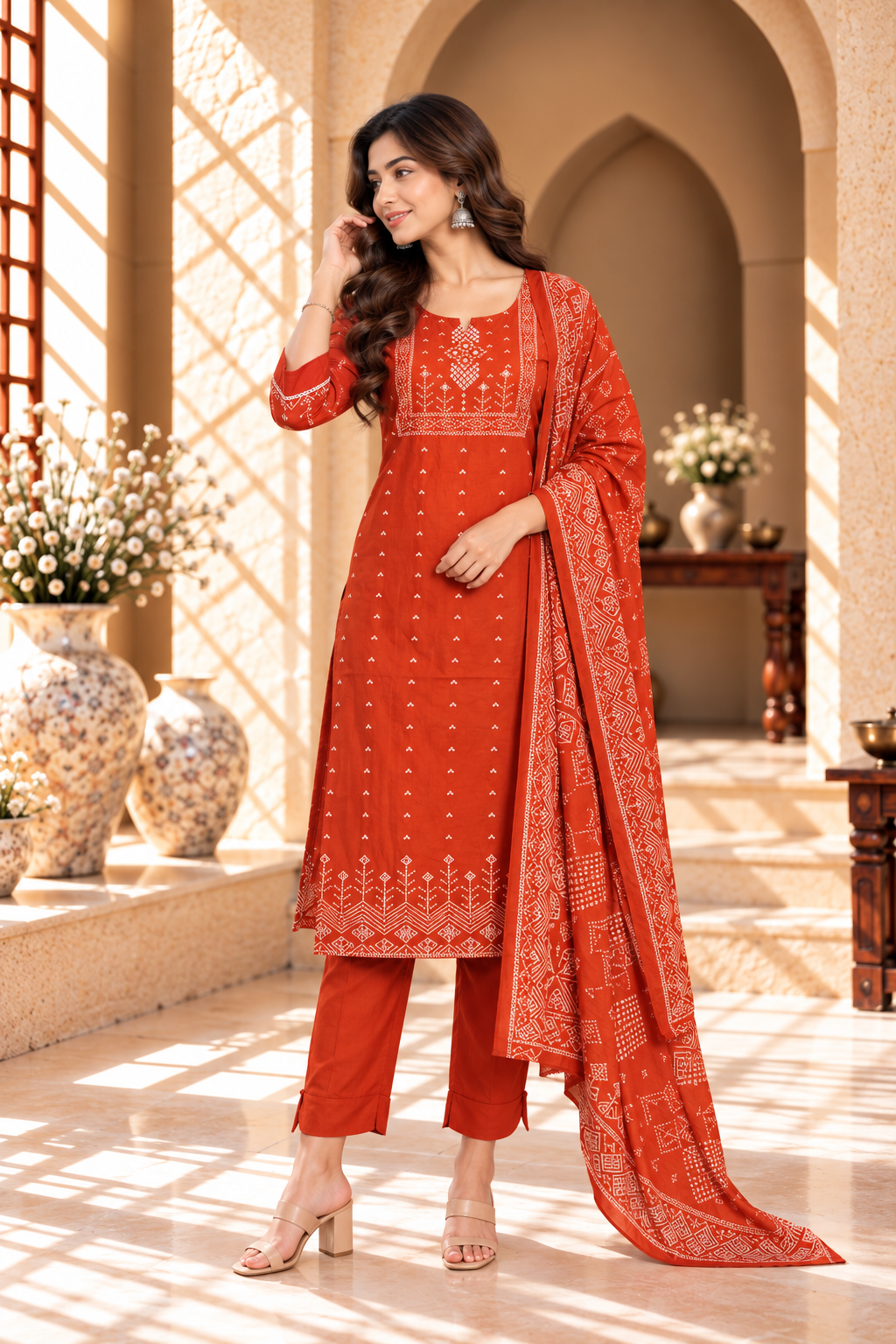 Rust Orange Printed Rayon Kurta Set