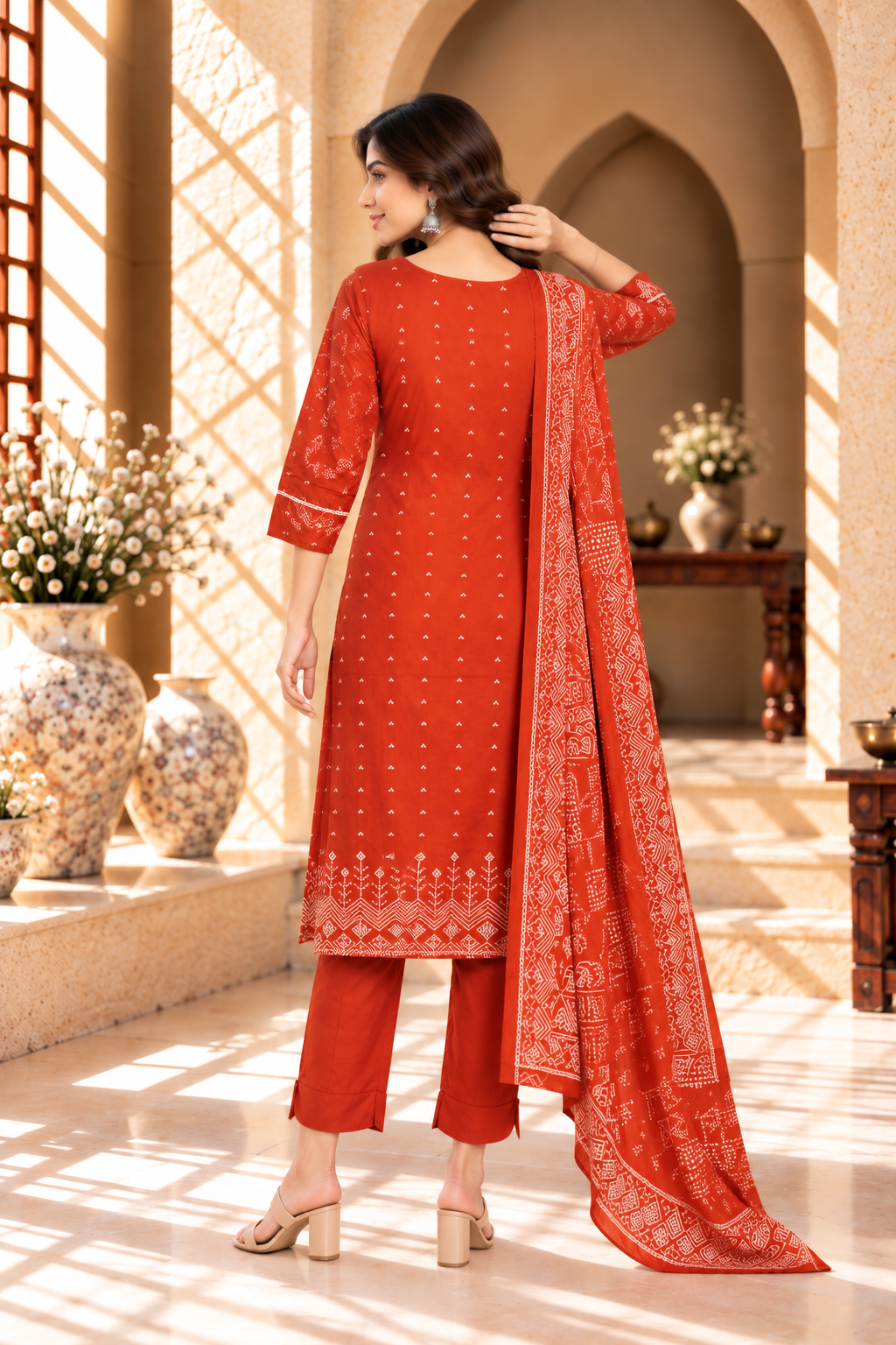 Rust Orange Printed Rayon Kurta Set