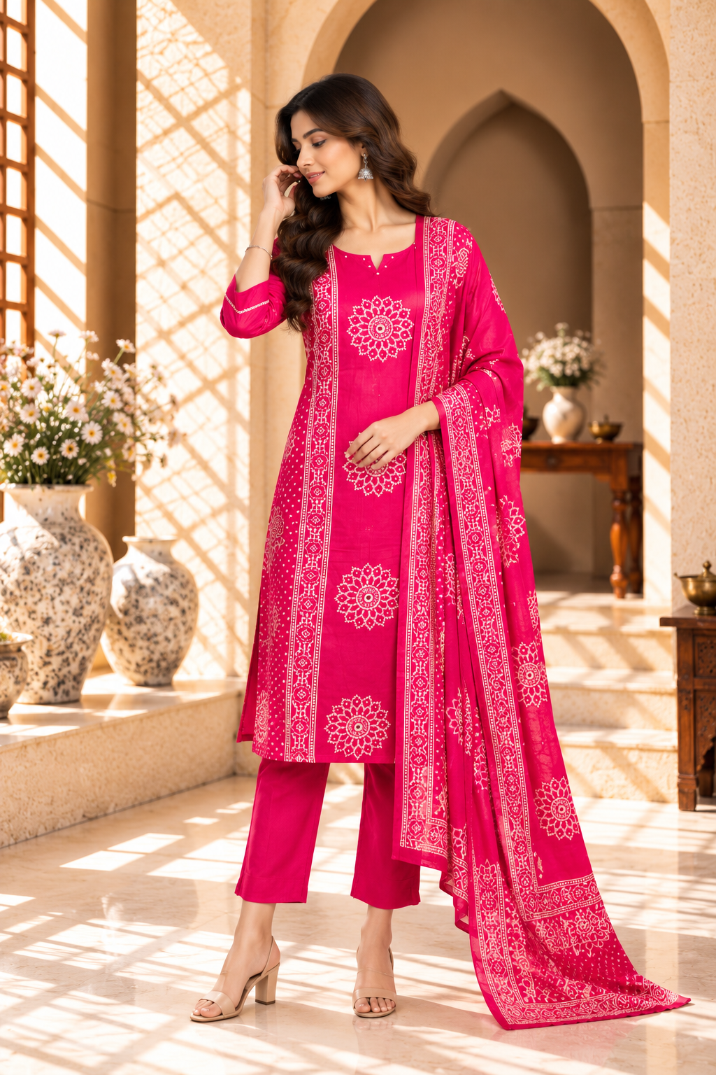Pink Floral Printed Rayon Kurta Set