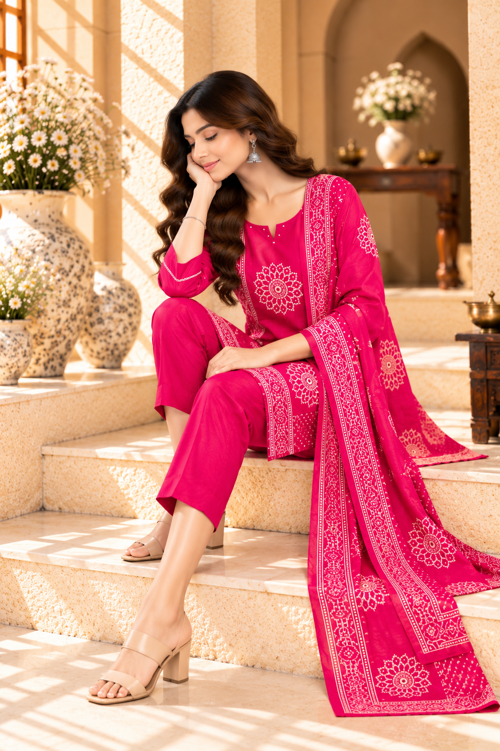 Pink Floral Printed Rayon Kurta Set