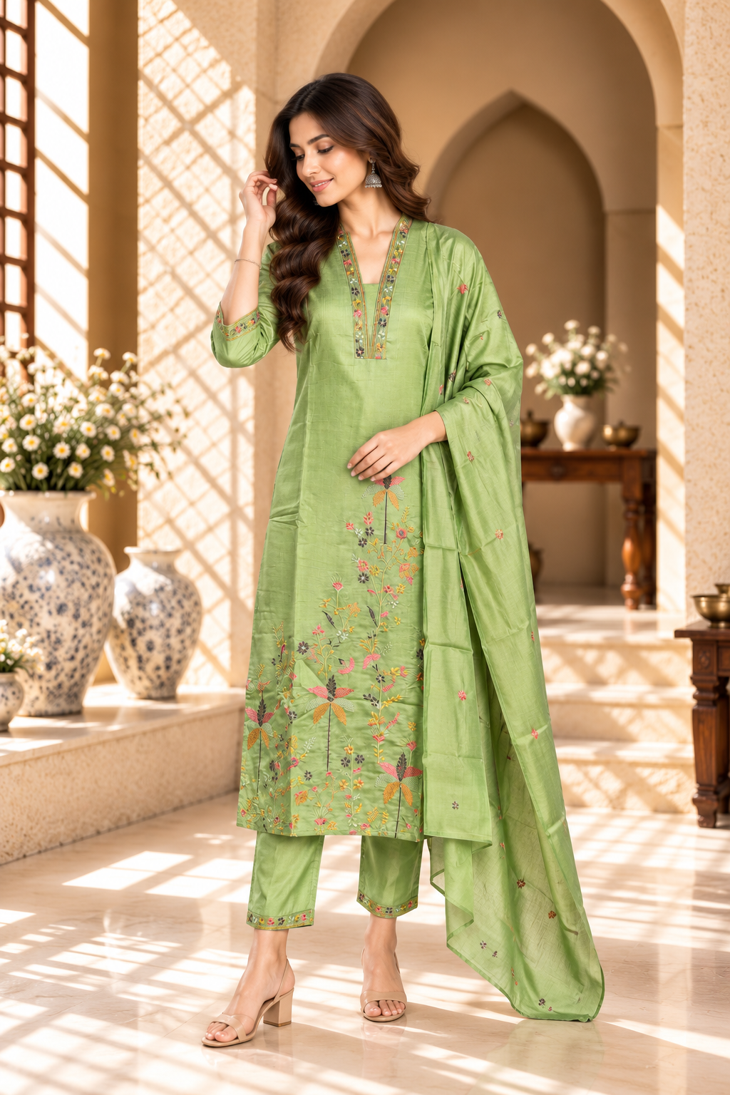 Pista Green Floral Embroidered Vatican Kurta Set