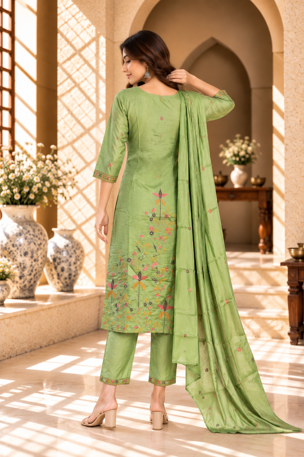 Pista Green Floral Embroidered Vatican Kurta Set
