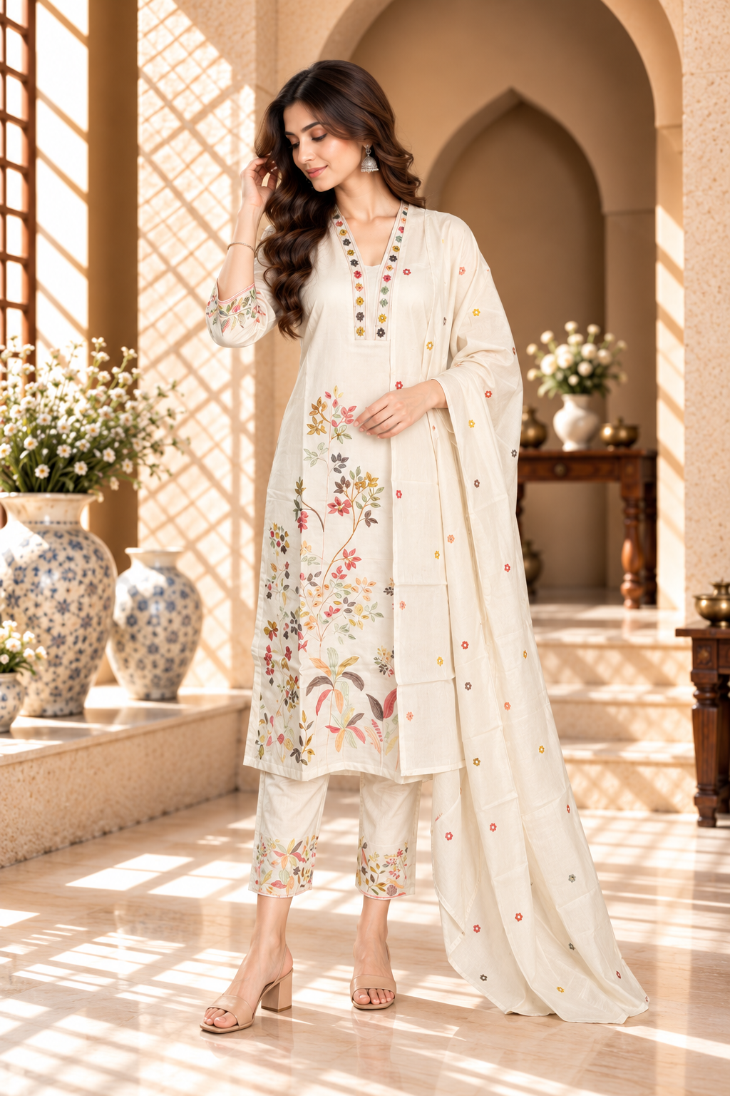 Ivory Floral Printed Vatican Kurta Set
