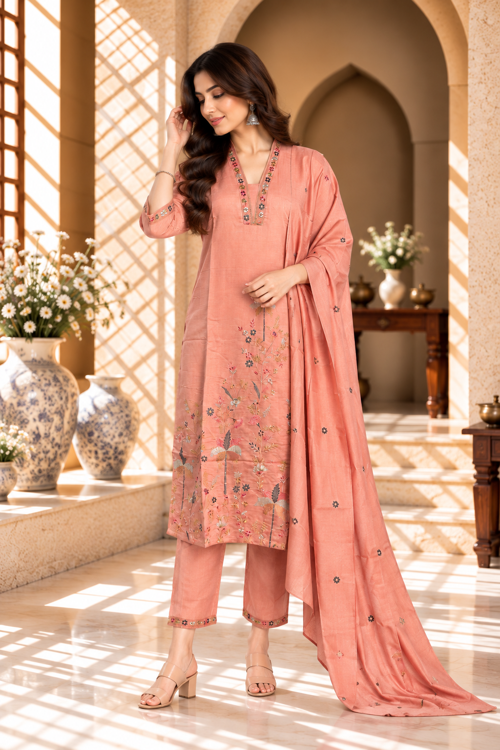 Peach Pink Floral Embroidered Vatican Kurta Set