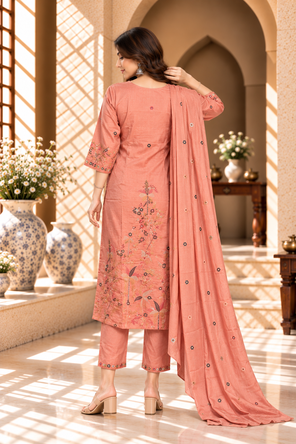 Peach Pink Floral Embroidered Vatican Kurta Set
