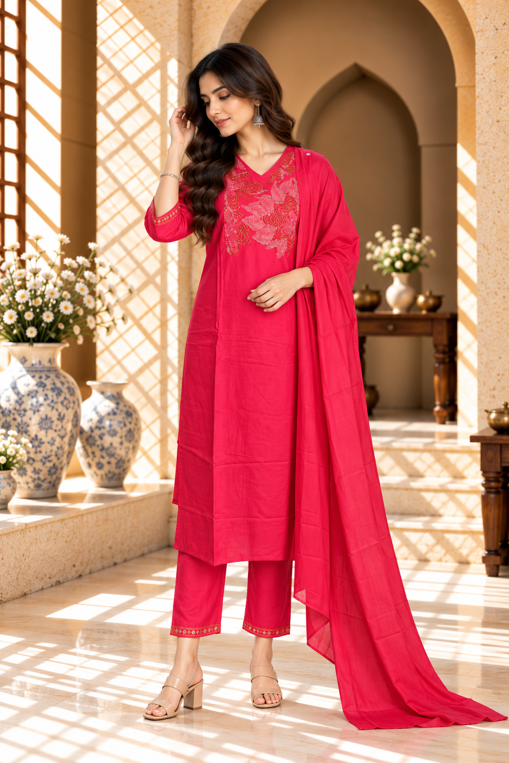 Rani Pink Embroidered rayon Kurta Set
