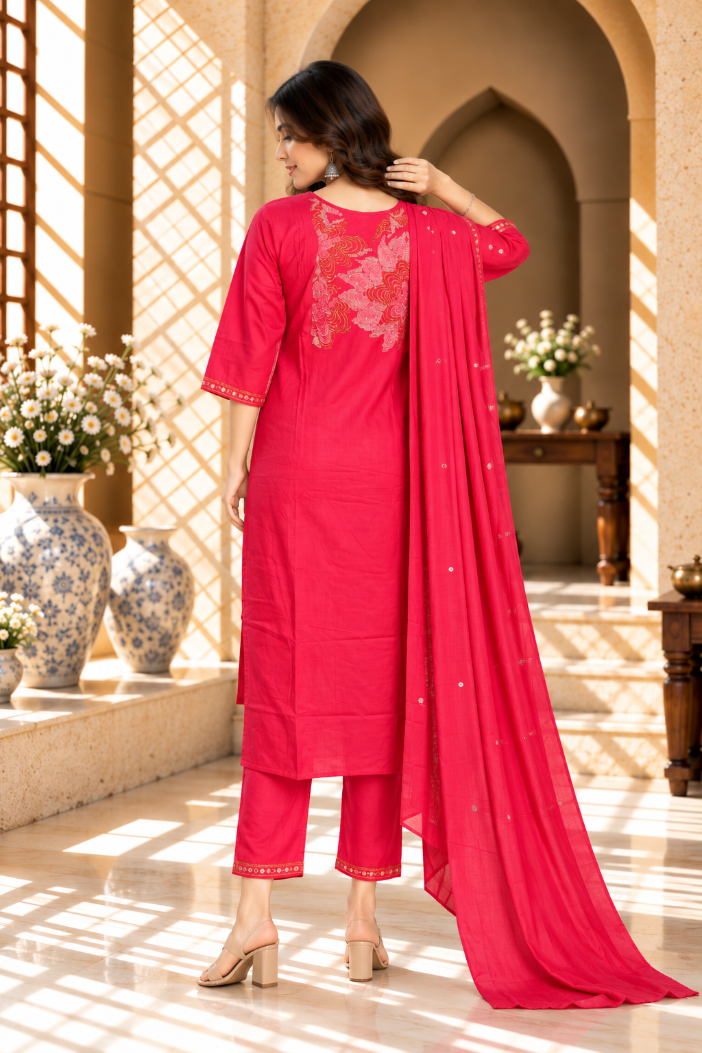 Rani Pink Embroidered rayon Kurta Set