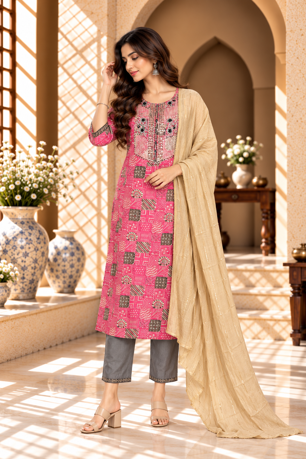 Pink Geometric Printed Rayon Kurta Set