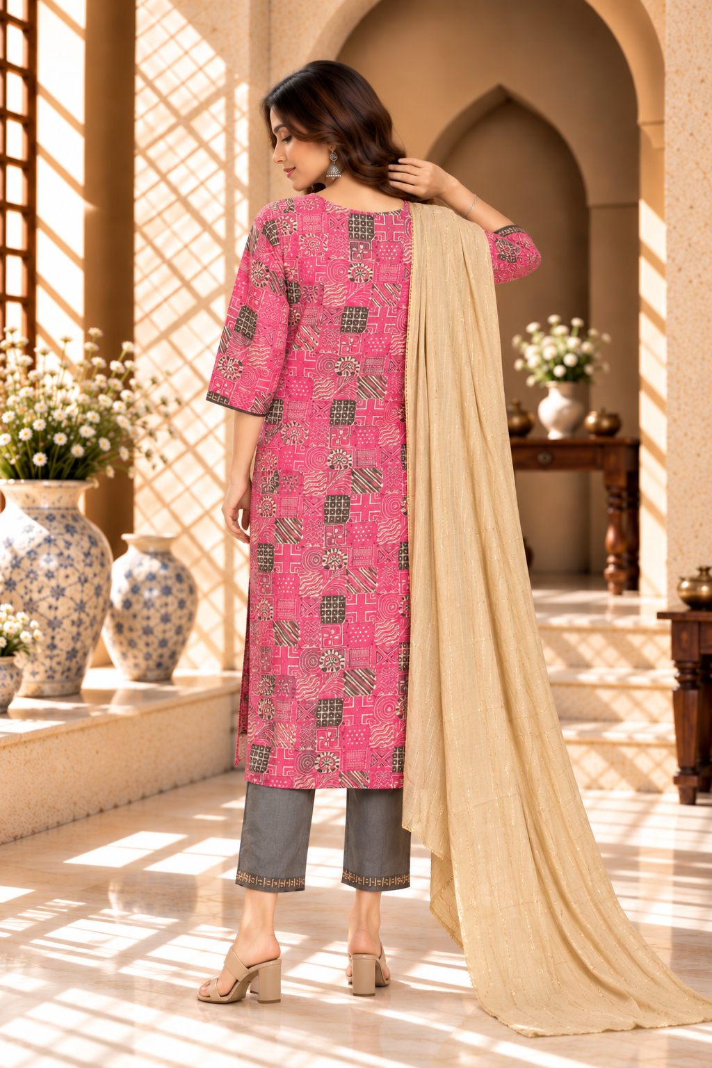 Pink Geometric Printed Rayon Kurta Set