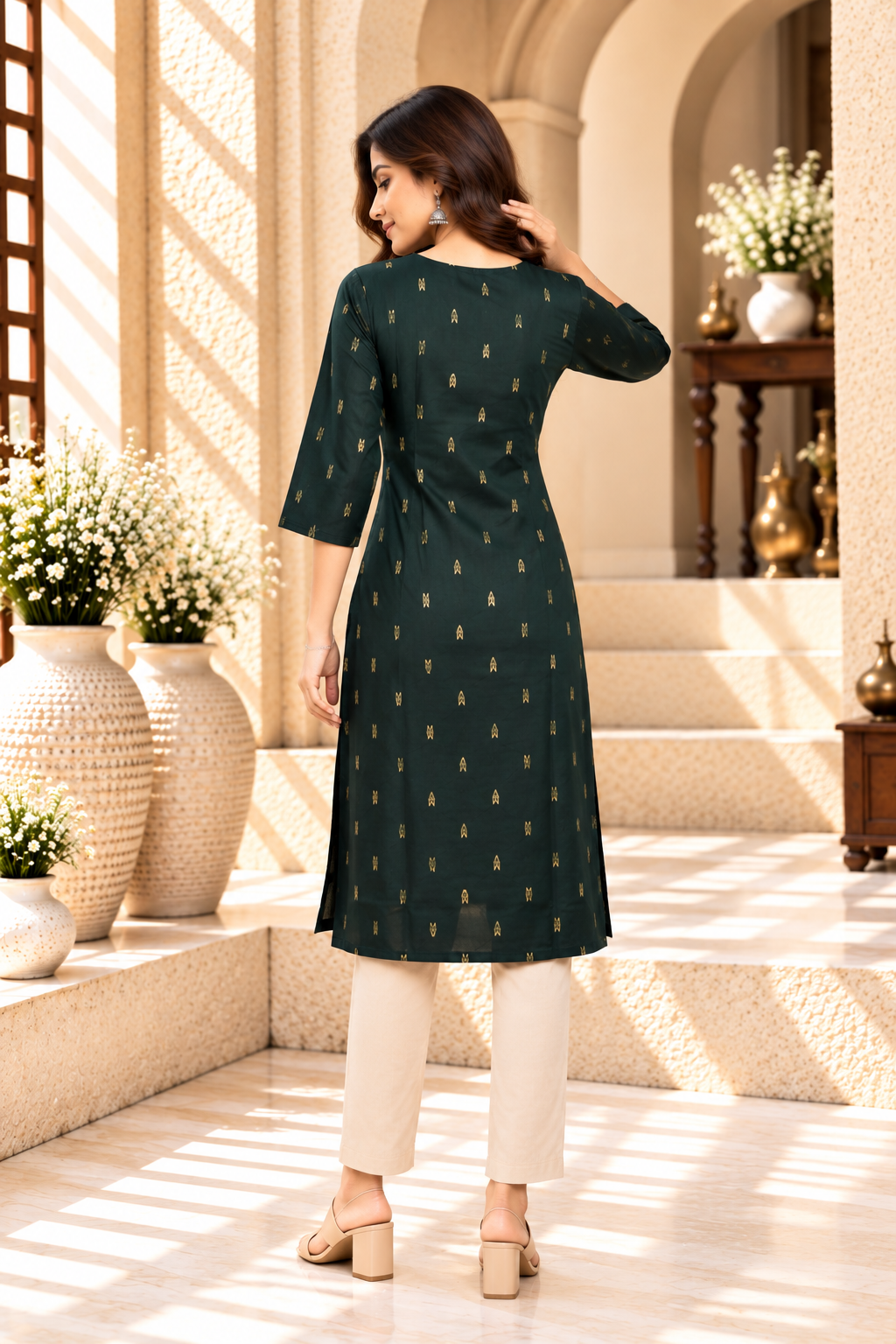 Dark Green Gold Motif Rayon Kurti