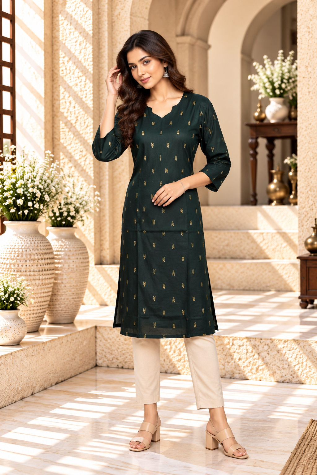 Dark Green Gold Motif Rayon Kurti